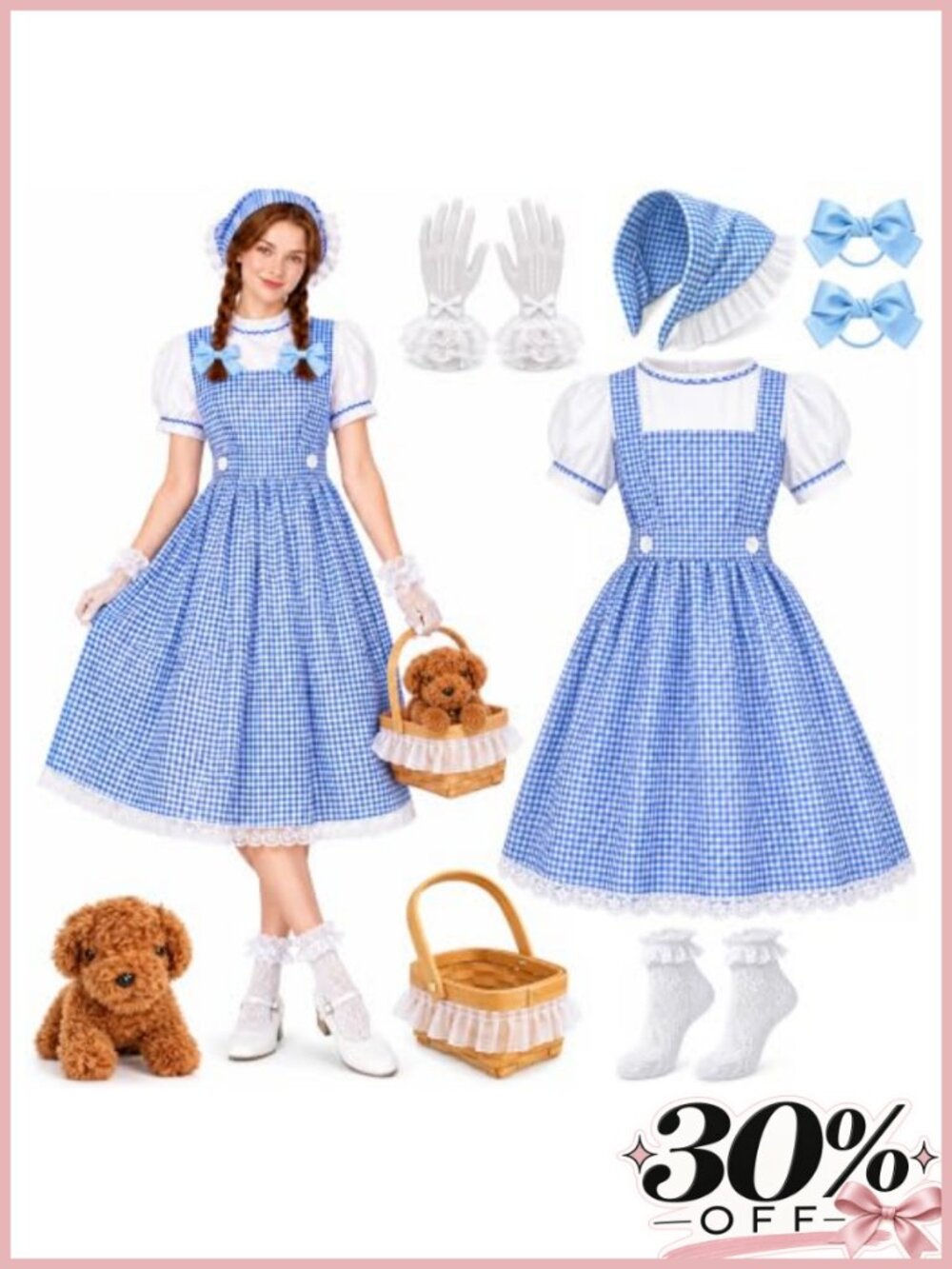 8Pc Halloween Book Character Costume Set A-Line Dress Gloves Socks Basket